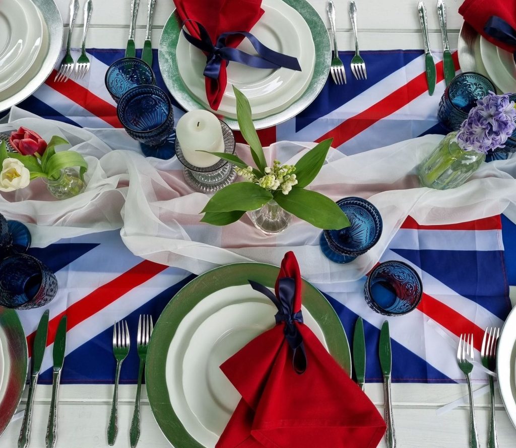 Union Jack tablescape with Lily of The Valley flowers 